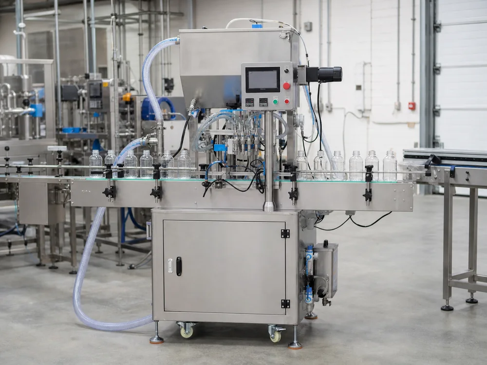 Liquid filling machine operating with bottles on a production conveyor