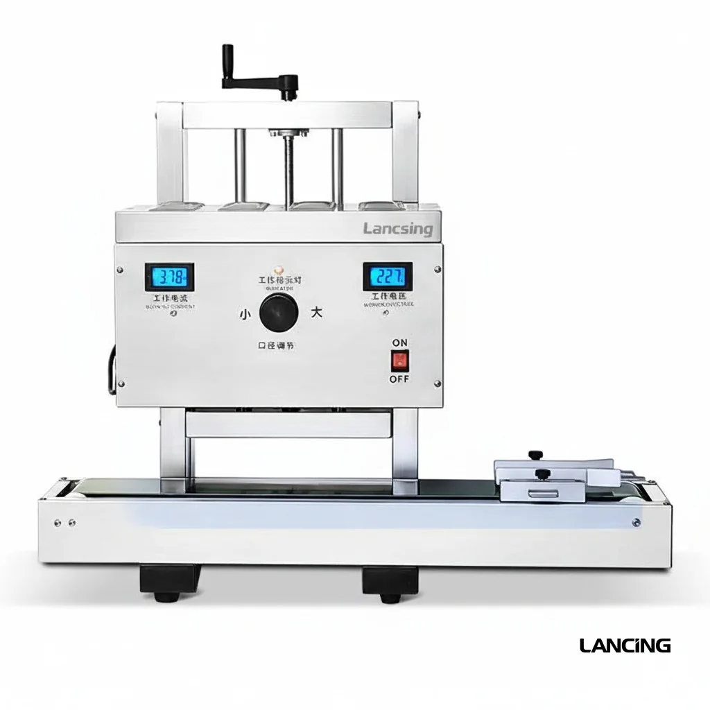 Induction sealing machine with an adjustable head above a small conveyor.