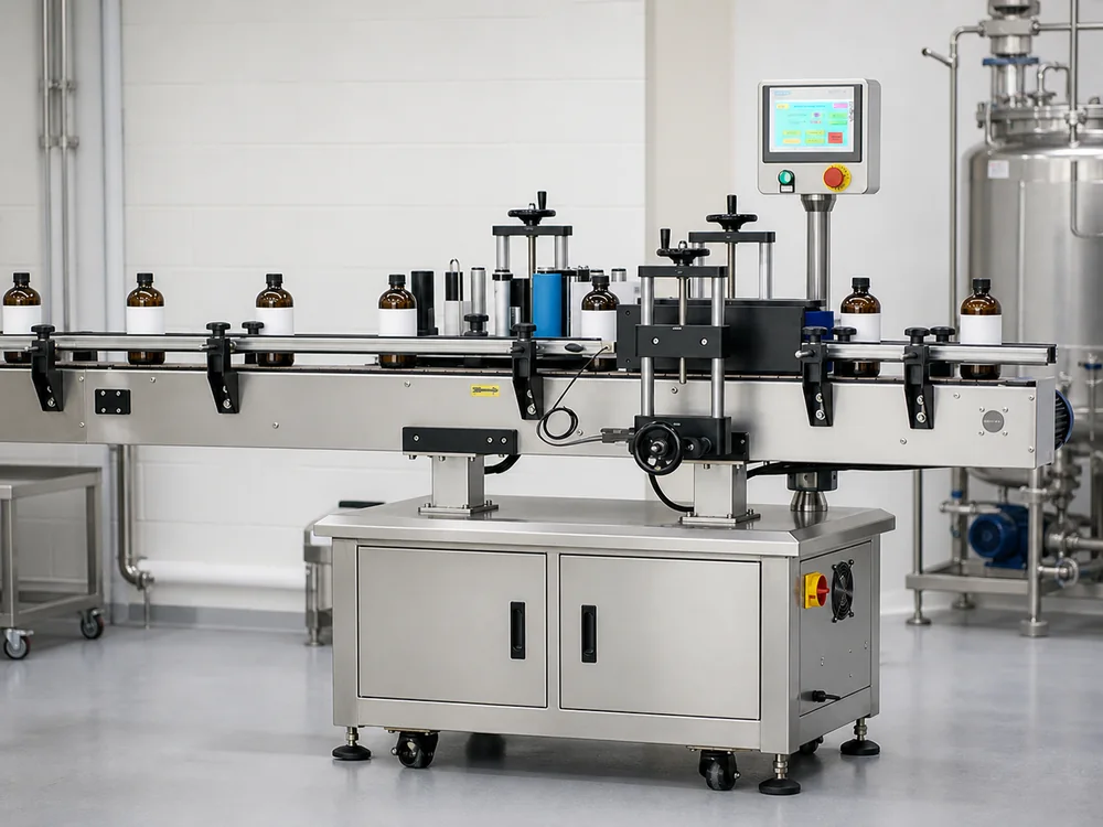 Automatic labelling machine running on a packaging line